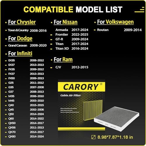 Cabin Air Filter w/Activated Carbon for Nissan Frontier 2022-2025, Titan 2017-2024, Infiniti Q50 2014-2024, Chrysler Town & Country 2008-2016, Dodge Grand Caravan 2008-2020, and More, CF743