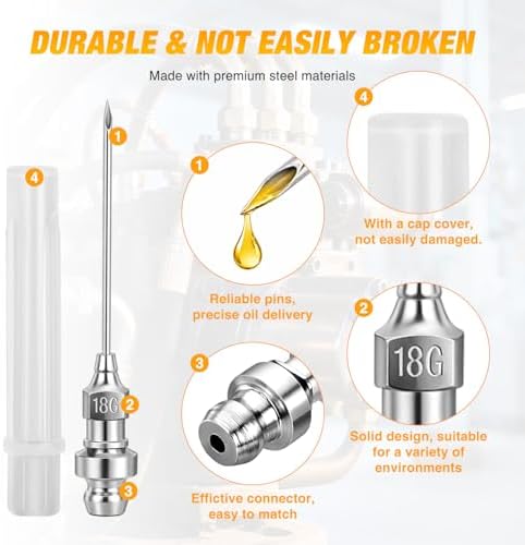 GOOACC 6 PCS Grease Gun Tips Kit 1 PC 1/8" NPT Threaded Grease Needle Tips & 5 PCS 18G Detachable Injector Needle Dispenser Grease Gun Fittings for Ball Joints Needle Air Nozzle Injecting Grease Tool