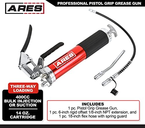ARES 53015 – Professional Pistol Grip Grease Gun – Includes 18-Inch Flex Hose with Spring Guard and 6-Inch Offset Extension – 4500 PSI Working Pressure Rating