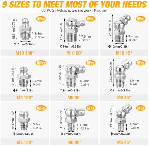 GOOACC 60 PCS Zerk Grease Fittings Kit Hydraulic Grease Fitting Assortment with Straight 45 90 Degree M6 M8 M10 Metric Grease Zerk Fittings Nipple for Automotive Farm Industrial Machinery Lubrication