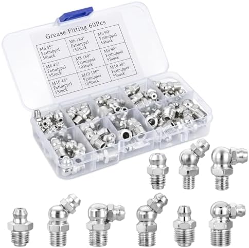 GOOACC 60 PCS Zerk Grease Fittings Kit Hydraulic Grease Fitting Assortment with Straight 45 90 Degree M6 M8 M10 Metric Grease Zerk Fittings Nipple for Automotive Farm Industrial Machinery Lubrication
