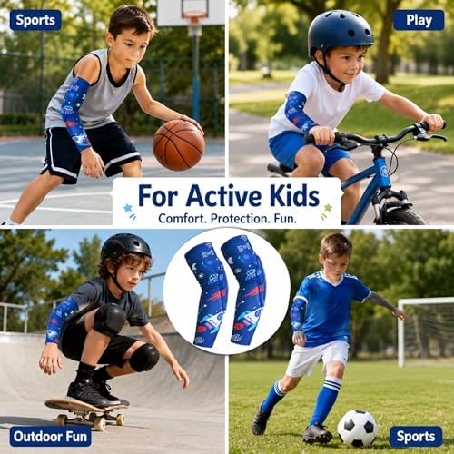 AceList Space Elbow Pads for Kids, Youth Volleyball Arm Sleeves for Boys Girls, Protective Compression Gear for Basketball Football Wrestling, Anti-Slip Stay-Up Protective Gear, 1 Pair (Size M)