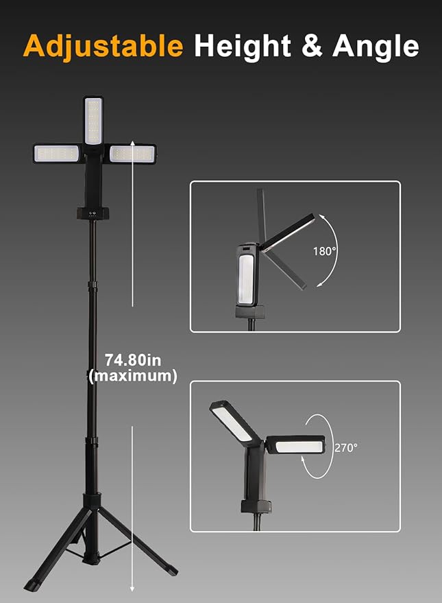 12000mAh Rechargeable LED Work Light with 74.8" Tall Stand, 2000/2500/3000 Lumens, Portable Cordless Work Light, 3000K/4500K/6000K Dimmable Camping Light with Detachable Tripod (Carrying Bag Included)