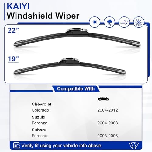 KAIYI 22" + 19" Windshield Wipers Compatible with Chevrolet Colorado 2004-2012,Suzuki Forenza 2004-2008,Subaru Forester 2003-2008 Premium Automotive Replacement Windshield Wiper Blades 2 Pack