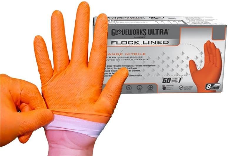 GLOVEWORKS Industrial Orange Disposable Gloves, Flock-Lined Nitrile Gloves, Raised Diamond Textured Grip, 8 mil