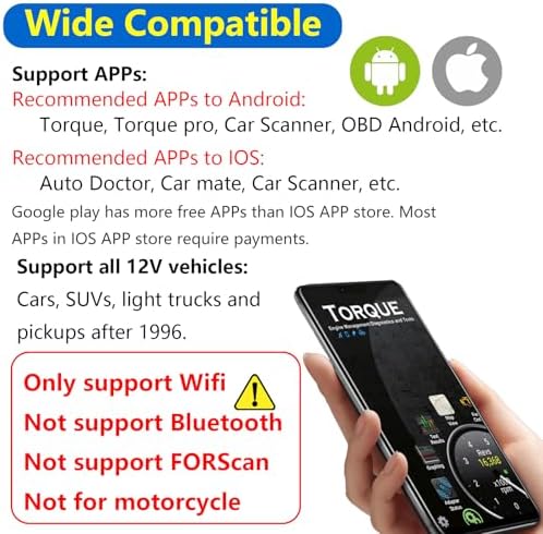 WiFi ELM327 OBD2 Adapter Scanner Reader for iOS iPhone and Android Phones OBD2 to WiFi OBD 2 ELM 327 Adapter Scanner Diagnostic Scan Tools OBDii ELM327 Interface Code Readers for Ford GM Chevy etc