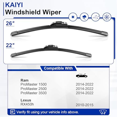 KAIYI 26" + 22" Windshield Wipers Compatible with Ram ProMaster 1500/2500/3500 2014-2022,Lexus RX450h 2010-2015 Premium Automotive Replacement Windshield Wiper Blades 2 Pack