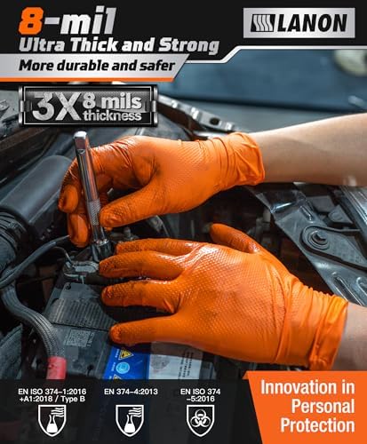 LANON 8mil Orange Disposable Nitrile Gloves,Mechanic,Heavy Duty,Medium