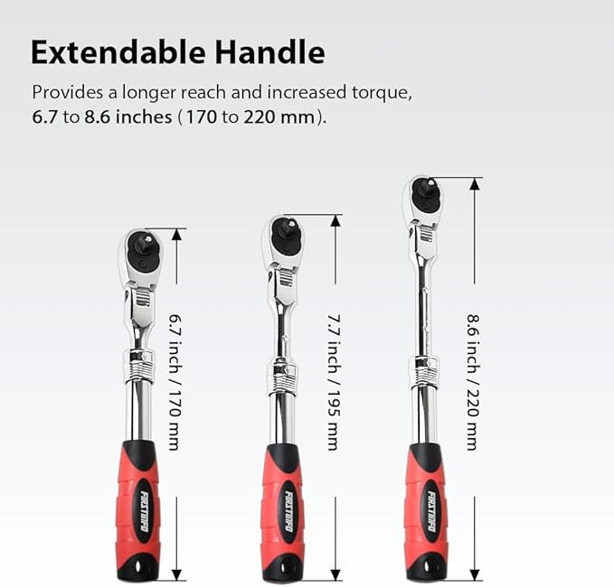 FIRSTINFO F3222NB Taiwan 1/4-Inch Drive Flex Head Extendable Ratchet | 72 Tooth Quick Release Reversible Ratcheting with Soft Grip Handle, 6.7 to 8.6 Inch Lengths