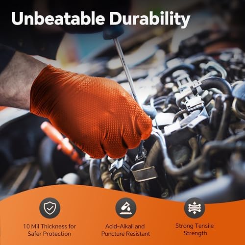 10mil Nitrile Gloves Disposable Rubber Latex Mechanic Gloves,Industrial Disposable Mechanic Latex Rubber Mechanics Glove Heavy Duty Nitrile Glove XL with Diamond Textured(101, X-Large)