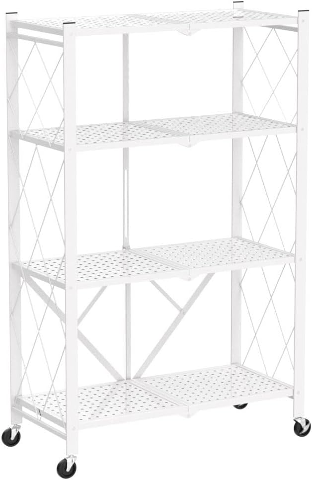Lanstics 4 Tier Foldable Folding Shelves Heavy Duty Storage Shelving with Wheels Metal Shelf Standing Shelves Units for Home Kitchen Living Room
