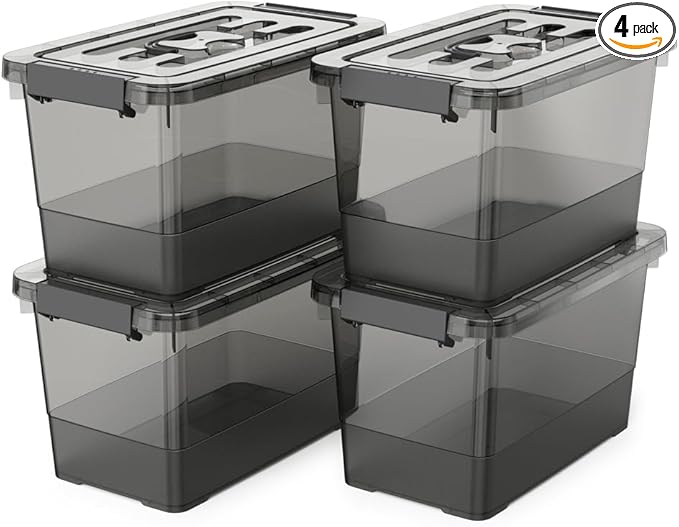 4 Pack 7 Quart Clear Black Storage Bins with Latching Lids, Stackable Plastic Storage Containers for Closet, Pantry & Garage Organization