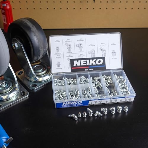 NEIKO 50467A Grease Fitting Assortment, 135 Piece, Metric, Straight & Angled Zerk Grease Fittings Kit, Zinc Plated A3 Steel, Angled Grease Guns, Mechanical Component Lubrication, M6-1, M8-1 & M10-1.5