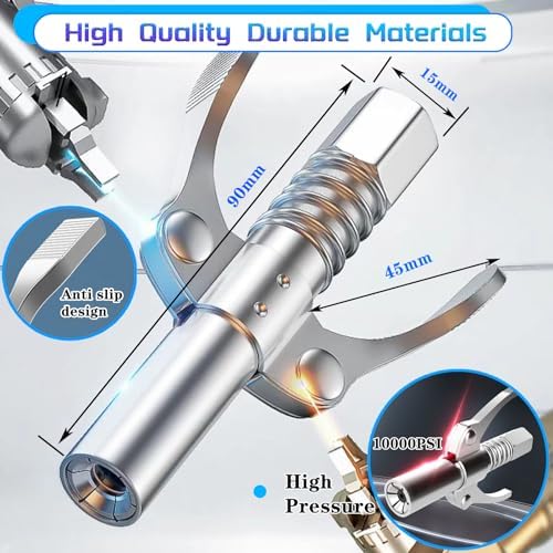 Grease Gun Coupler Quick Lock and Release Lube Grease Gun Tip 2PCS+12''Grease Gun Tube+9PCS Grease Nipple Nozzle Ends Kit M6-M10 Compatible with All Grease Guns 1/8" Npt 10000PSI