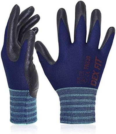 DEX FIT Premium Nylon Work Gloves FN320 - Firm Nitrile Grip, 3D-Comfort Stretchy Fit, Thin & Lightweight, Protective & Durable, Breathable, Machine Washable; Navy 8 (M) 3 Pairs