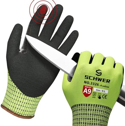Schwer ProGuard High Level Cut Resistant Work Gloves 3326 for Extreme Protection, Working Gloves with Sandy Nitrile Coated, Touch-screen, Durable, Washable, Yellow 1 Pair L
