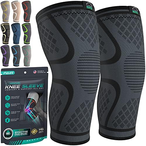 Modvel Compression Knee Brace for Women & Men - 2 Pack Knee Brace for Running Knee Pain, Knee Support Compression Sleeve, Workout Sports Knee Braces for Meniscus Tear ACL & Arthritis Pain Relief