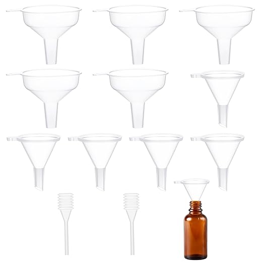 12 Pcs Small Funnel Kit Mini Plastic Clear Funnel Sets Bottles Filling Tool Essential with Droppers Pipette Dispenser for Kitchen Sand Art Perfume Spice Powder Oils Capsules Pet Souvenirs Food