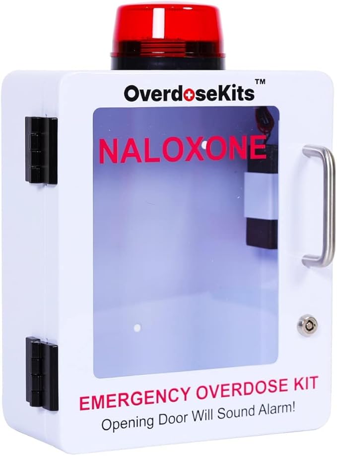 Naloxone Overdose Emergency Kit Cabinet - Includes Optional Alarm and Locking System - Designed for Wall Mount & Public Access (Metal, White)