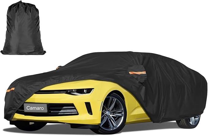 Car Cover Waterproof All WeatherCustom Fit for Chevy Camaro 2010-2025, Heavy Duty Outdoor Full Exterior Cover for Automobiles, Sun Rain UV Dust Snow Protection with Door Zipper-Black