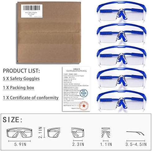 Safety Glasses, 5PCS Adjustable Wide-Vision Protective Glasses, Lightweight Fog-Proof Safety Goggles