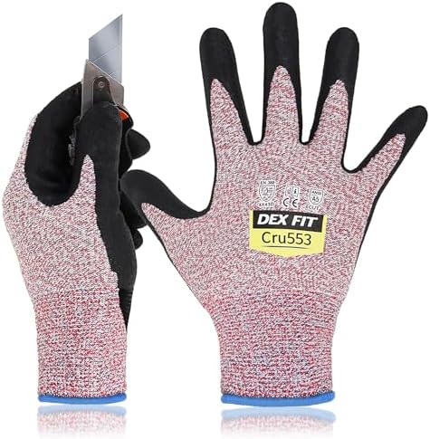 DEX FIT Level 5 Cut Resistant Gloves Cru553, 3D-Comfort Fit, Firm Grip, Thin & Lightweight, Touch-Screen Compatible, Durable, Breathable & Cool, Machine Washable; Red XS (6) 1 Pair