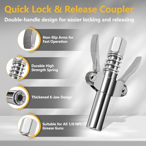 8PCS Grease Gun Tips Kit, Quick Lock Coupler, 90° Adapter, Needle & Nozzles