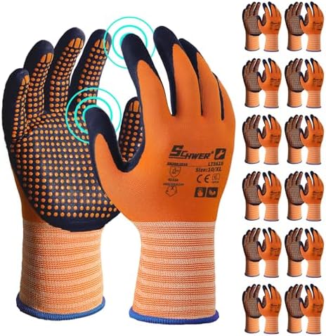 Schwer 12 Pairs Safety Work Gloves with Certified Level 6 Abrasion Resistance, General A1 Cut Resistant Working Gloves with MicroDot Grip, Touchscreen, MicroFoam Nitrile Coating, LT5619, XL
