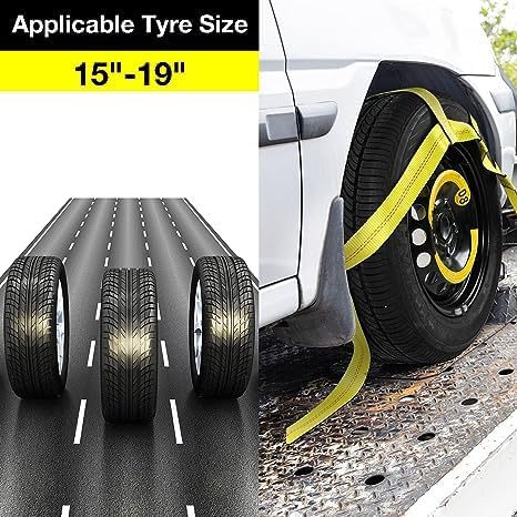Tire Straps for A Car Trailer Tow Dolly Straps with Flat Hook 14"-19"Heavy Duty Tow Strap UTV Wheel Tie Down Strap for Hauling Cars 4 PK Truck Accessories Rescue Emergency Kit for Vehicles Essentials