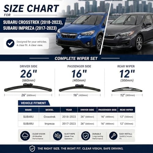 AERO Wipers Replacement for Subaru Crosstrek 2018-2023 & Impreza 2017-2023, 26"+16" Front + 12" Rear, All-Season Windshield Wiper Blades with Extra Squeegee Refills + 1-Year Warranty (Set of 3)