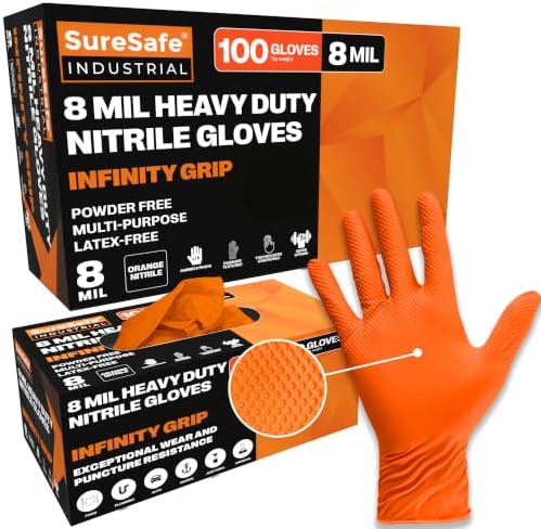 SURESAFE Orange Nitrile Gloves, 8 Mil Powder-Free Latex-Free Disposable