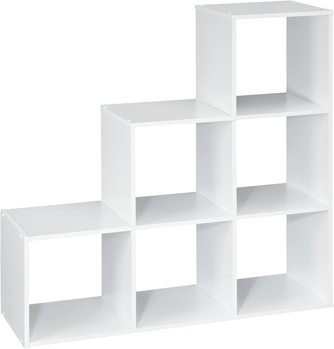 ClosetMaid Cubeicals 3-2-1 Cube Storage Shelf Organizer Bookshelf, 3 Tier, Steps, Corner Unit, Easy Assembly, Wood, White Finish