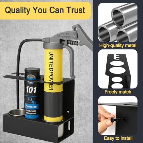 Grease Gun Holder, Wall Mount Grease Gun Storage Rack, Organizer for Workshop, Garage, Shop with Removable Drip Tray & Spare Cartridge Storage