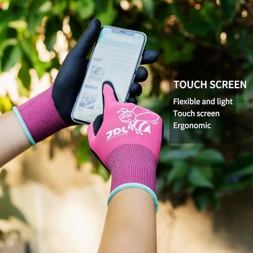 JDL 12 Pairs Nylon Nitrile Coated Gardening Gloves for Women, Touchscreen Yard Garden Gloves, Breathable Safety Work Gloves with Grip, Pink, Large