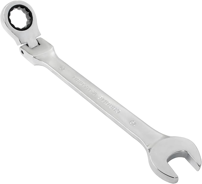 Piutouyar 19mm Flex-Head Ratcheting Wrench, Professional Metric Ratchet Wrench Combination Wrench Box Ended Spanner Tool for Projects Repair(5° Movement and 72 Teeth 12 Point, CR-V)