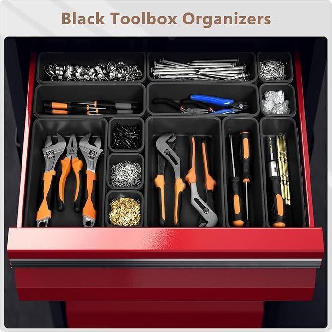 A-LUGEI【X-Large Size】【5 Pcs】 Tool Box Organizer Tray Divider【Single Size】 Black Plastic Desk Drawer Organizer Garage Organization for Wrench Plier Hammer Bit Socket Extension Screwdriver Bolt Hex key