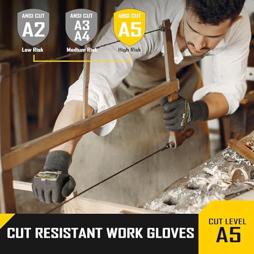 COOLJOB A5 Fiberglass Free Cut Resistant Gloves for Men, Touchscreen, Grip Nitrile Coated, No PFAS, Non Slip, Soft & Durable