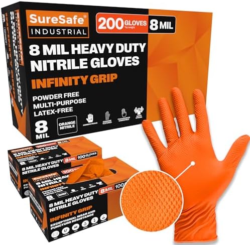 SURESAFE Orange Nitrile Gloves, 8 Mil Powder-Free Latex-Free Disposable