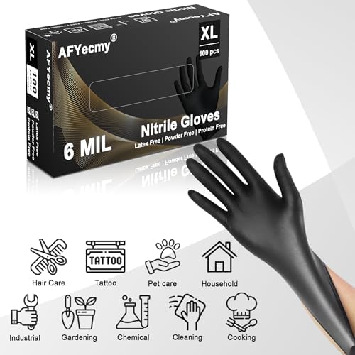 Disposable Nitrile Gloves, Chemical Resistant, Powder and Latex Free, Food Safe, Black Heavy Duty Gloves, 6 Mil, 100 Count, X-Large