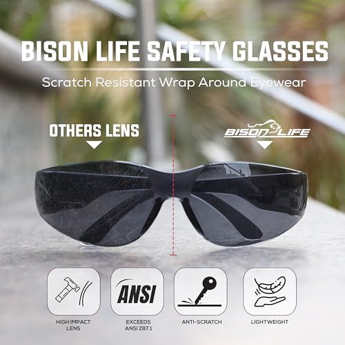 BISON LIFE Black Safety Glasses for Men & Women, ANSI Z87.1, 6 Pack