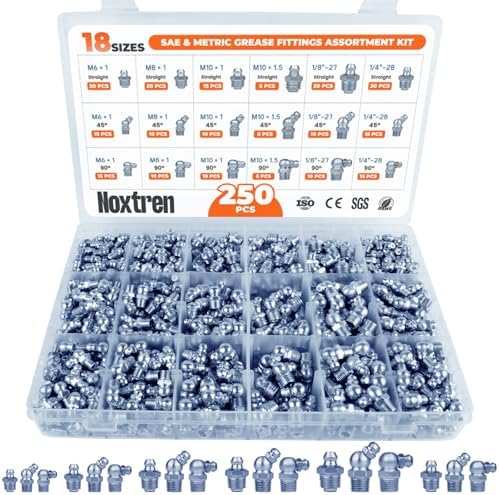 250PCS Grease Fittings Assortment, 18 Essential Sizes SAE & Metric Zerk Grease Fittings Kit– Includes UNF NPT 1/4" 1/8" M6 M8 M10, Straight 45 90 Degree for Grease Guns