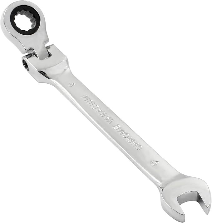 Piutouyar 9mm Flex-Head Ratcheting Wrench, Professional Metric Ratchet Wrench Combination Wrench Box Ended Spanner Tool for Projects Repair(5° Movement and 72 Teeth 12 Point, CR-V)