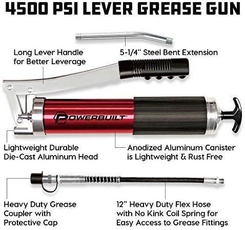 Powerbuilt 4,500 PSI Heavy Duty Lever Grease Gun, Anodized Aluminum Barrel with Rubber Grip, Includes Flex Hose, Rigid Pipe & Coupler – 940756