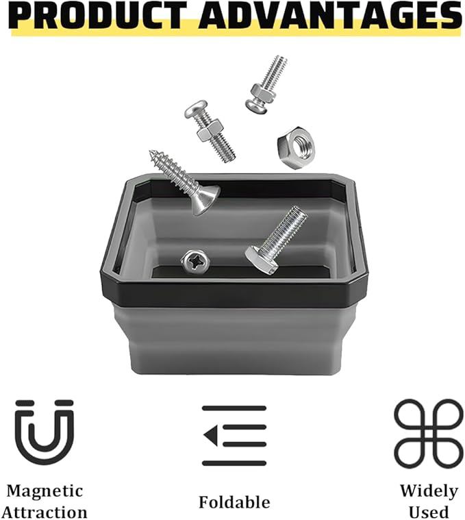 Collapsible Magnetic Car Parts Tray, Foldable Silicone Tool Tray with Magnetic Base, Double-Side Magnet Bowl for Auto Bolts, Screws, Nuts, Small Metal Parts, Universal Fit (Gray)
