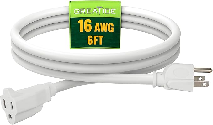 Indoor Outdoor Extension Cord 6 FT, 16/3 SJTW Weatherproof White Electrical Cords, 13 AMP Heavy Duty 3 Prong Power Cable Great for Garden, Landscaping & Holiday Decorations