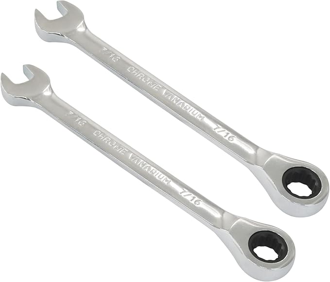 2 Pcs 7/16 Inch Ratchet Wrench Imperial Ratcheting Combination Wrench Set, 12 Point, 72 Teeth for Projects SAE Tight Spaces
