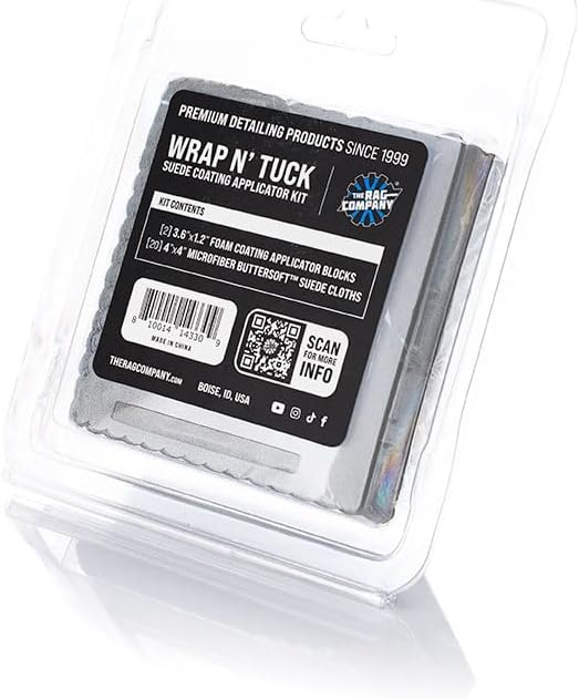 The Rag Company - Wrap N' Tuck Suede Coating Applicator Kit - Ultra Soft and Smooth Applicator for Spreading and Leveling Exterior Coatings - Reusable Foam Tool and Super Soft Suede Cloths