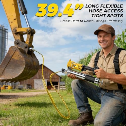 Upgraded 12800PSI Cordless Grease Gun Compatible with DeWalt 20V Battery, High-Pressure, One-Hand Operation, 39.4" Hose & 3 Couplers, Electric Grease Gun with LED Light Fits Bulk & Cartridge Grease