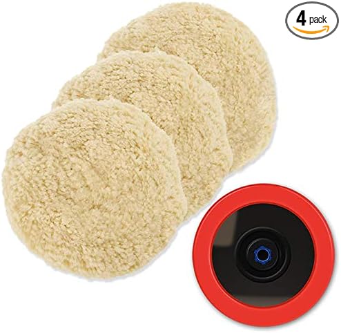 Wool Polishing Pads, SPTA 8"(200mm) 100% Natural Wool Buffing Pad with Hook & Loop Backing 4pcs Set Come with 5/8-11 Thread Backing Plate for Car Polishing, Buffing and Cutting