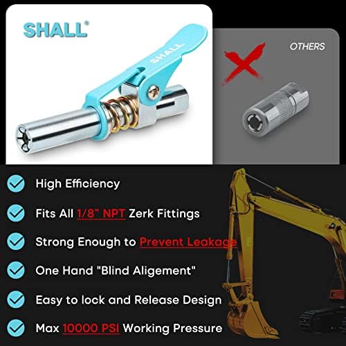 SHALL Grease Gun Coupler, Quick Release & Strong Locking Grease Gun Couplers w/Zerk Fittings Cleaner, 10000 PSI High Pressure Grease Gun Tips, Compatible with All Grease Guns 1/8" NPT Grease Fittings